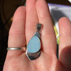 ARTISAN sterling pendant with blue gray opalescent stone. Unique and beautiful!!